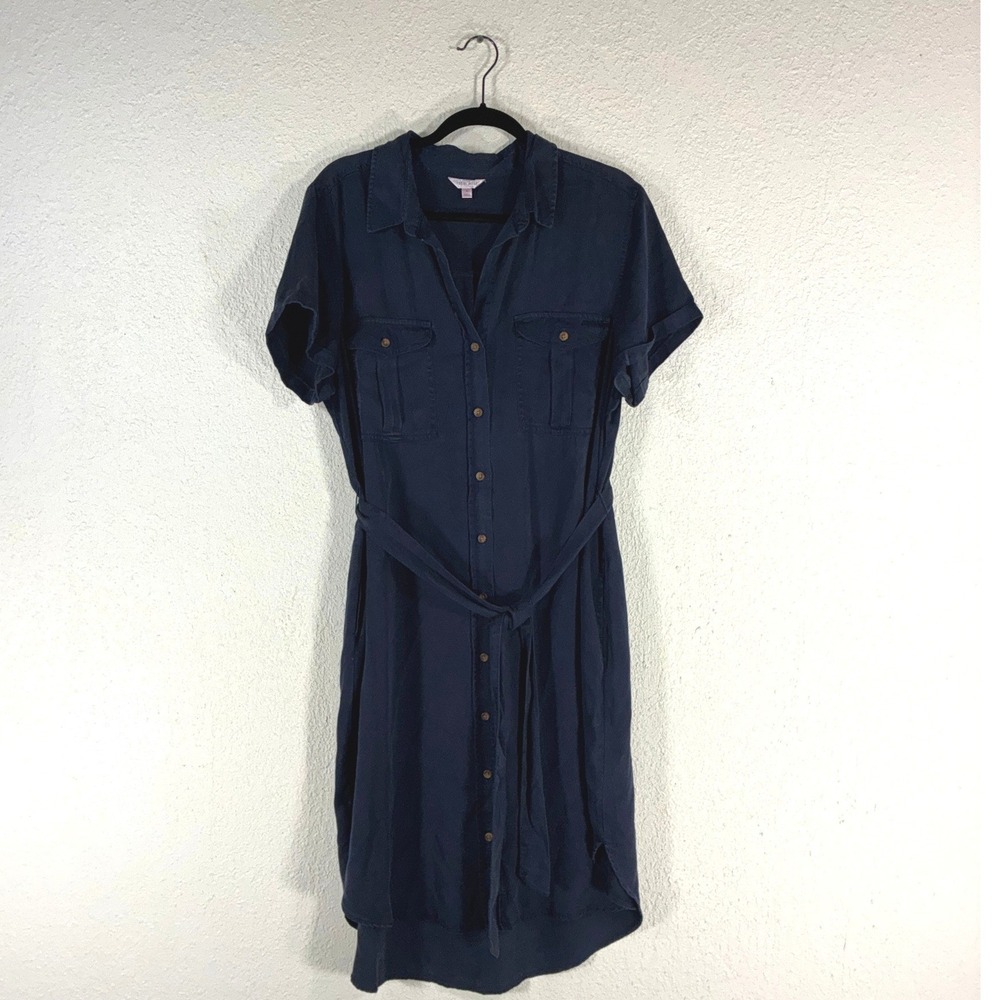 Teddi Rose Navy Blue Tencel Lyocell Button Front Belted Shirt Dress XL Womens